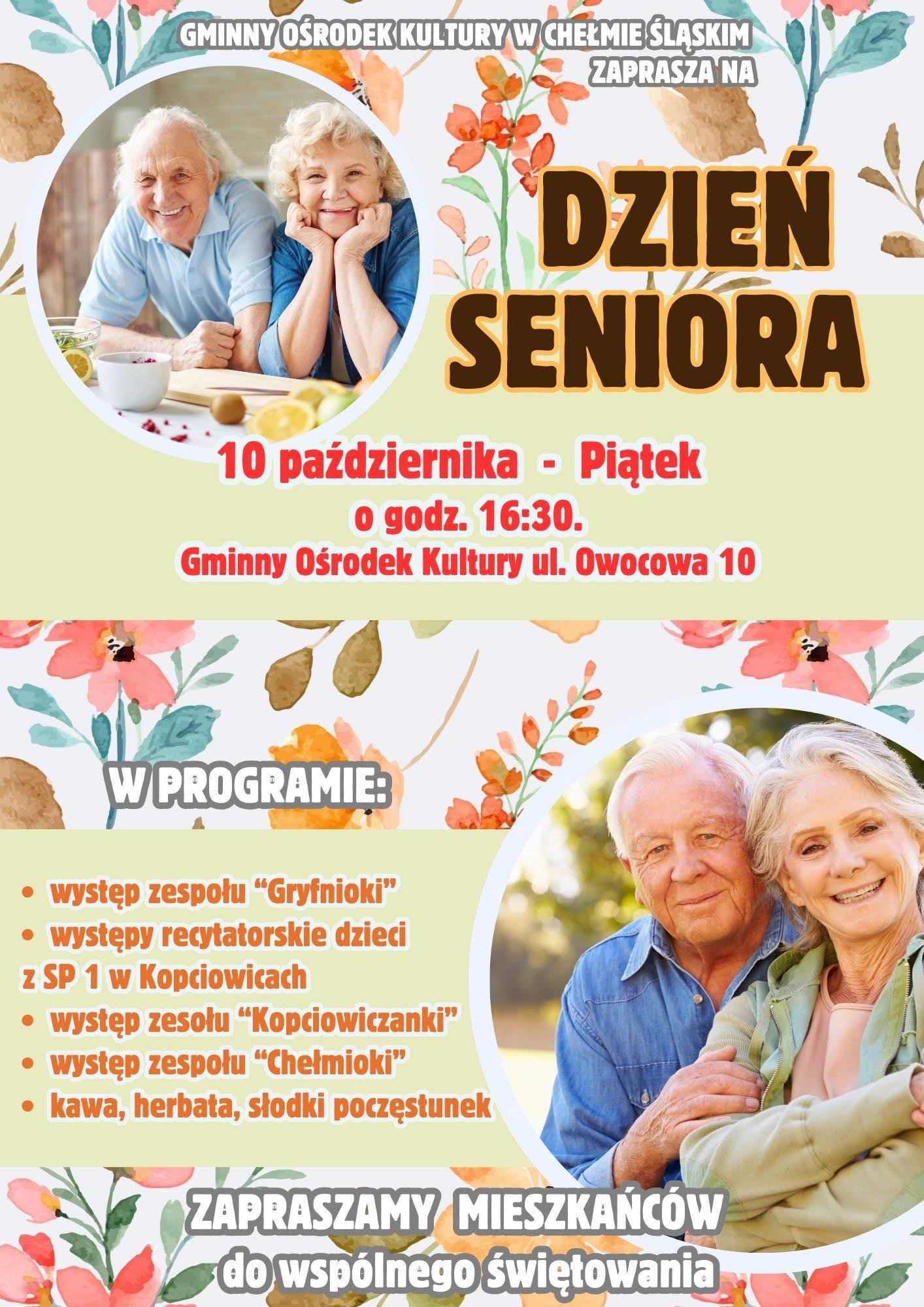Plakat informacyjny. Na zdjęciu radośni seniorzy.