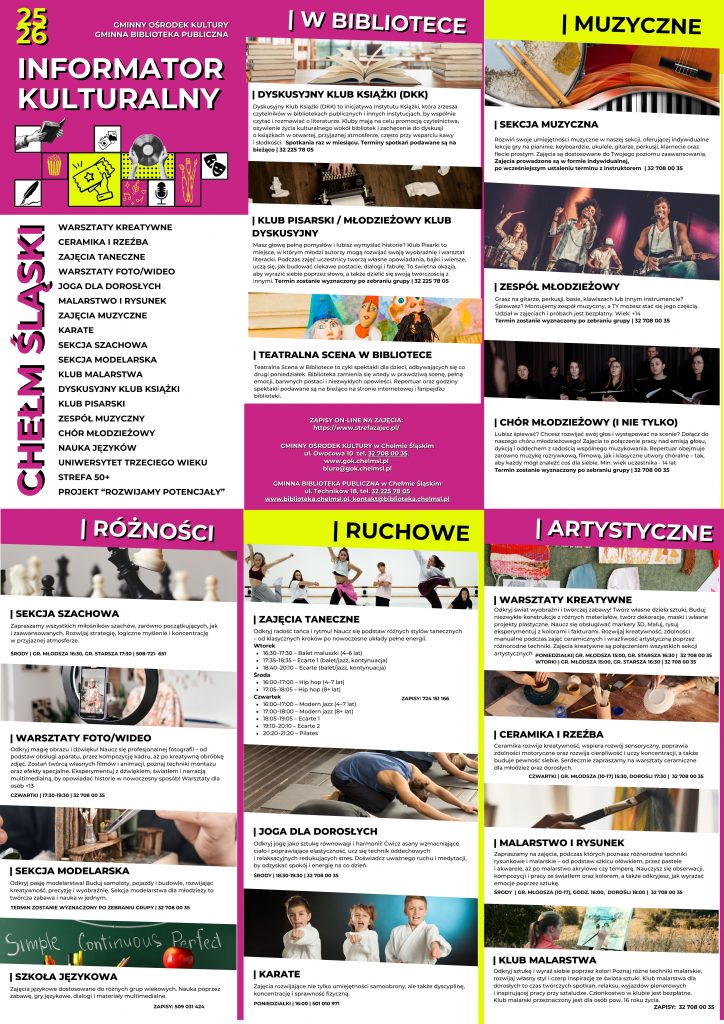 Plakaty-Informatory-GOK-i-Biblioteka- Kolorowe obrazki z informacjami o zajęciach.