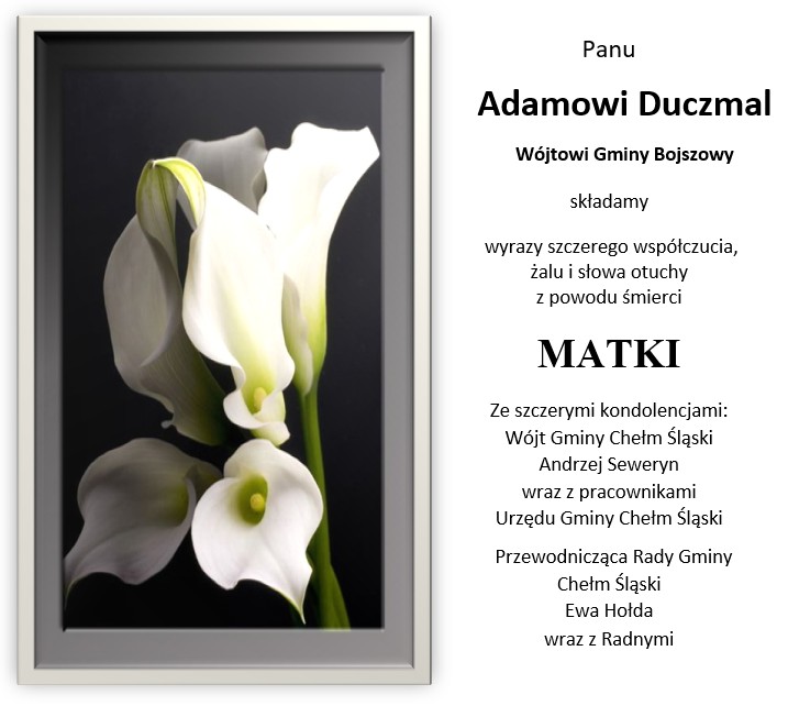 Na czarnym tle białe kalie i pisane kondolencje 