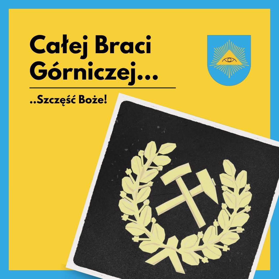 Na żółtym tle Górnicza czapka - CZAKO i opis 