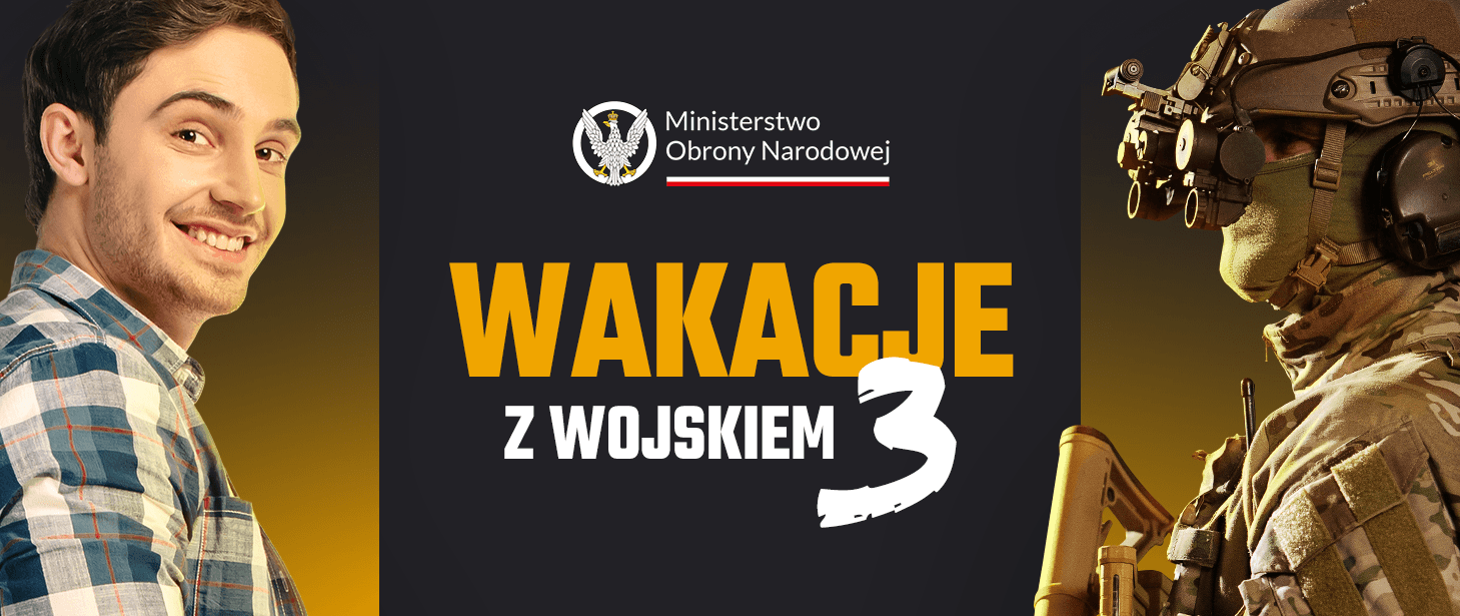 Plakat promujacy wakacje z wojskiem. Na zdjęciu postać cywila i wojskowego 