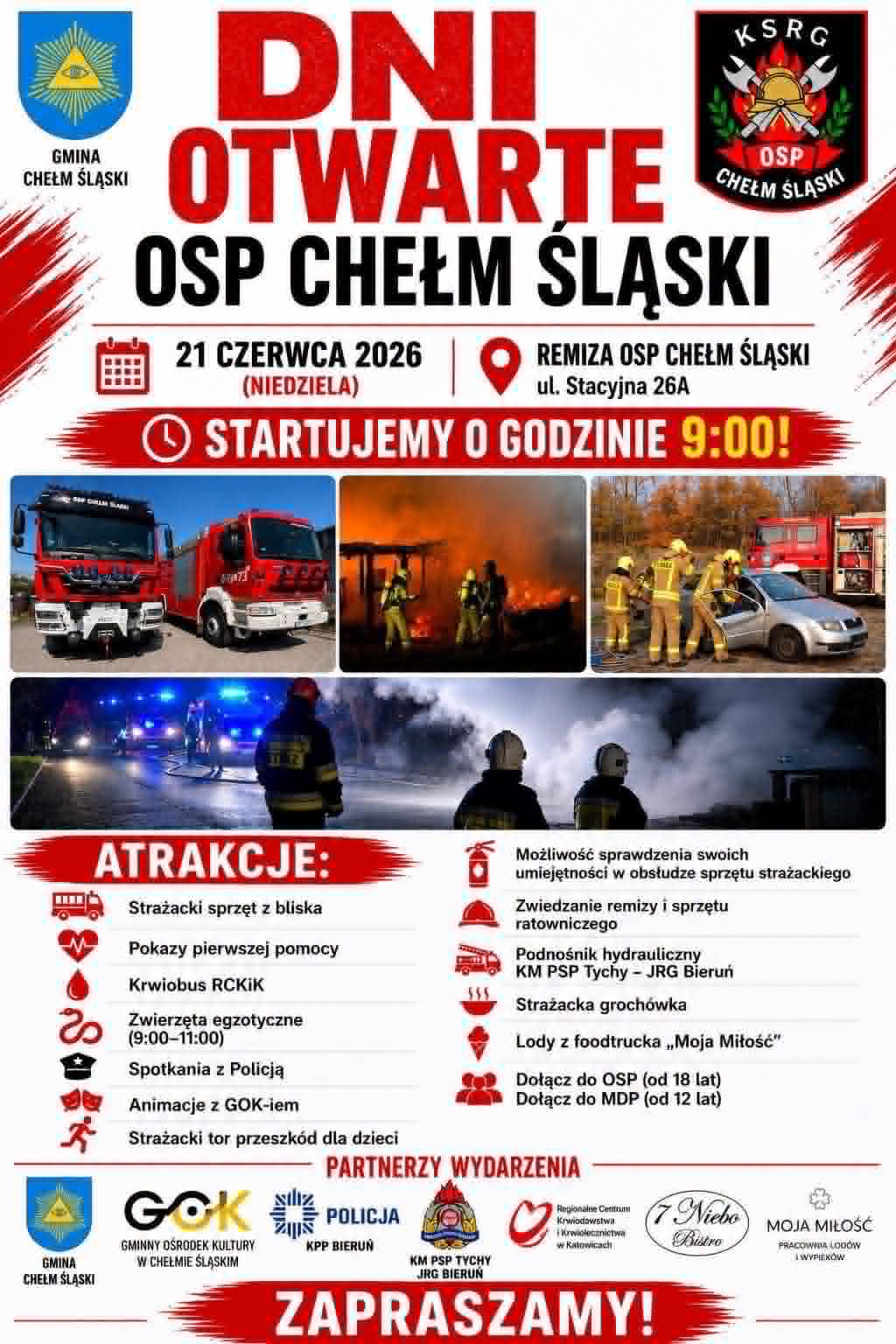 Kolorowy plakat informacyjny o Dziach Otwartych w OSP. Na zdjęciach akcje strażackie, wyposażenie i opis. 