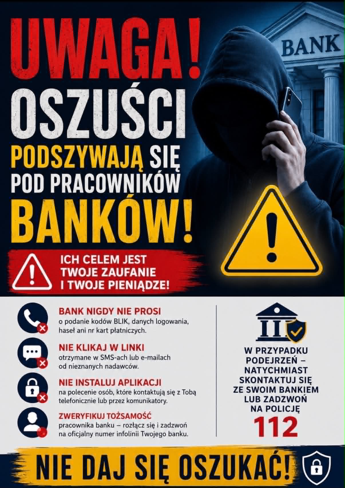 Plakat informacyjny. Na plakacie mężczyzna w kapturze z zasłoniętą twarządzwoniący przez telefon. Napisy- opis w poście. 