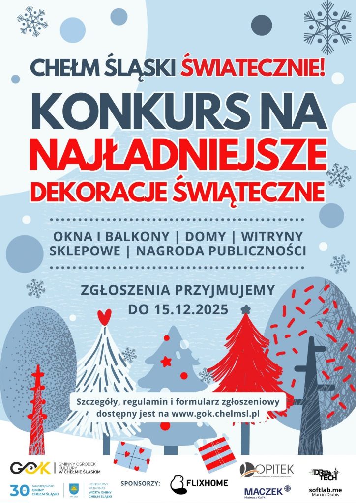 Plakat animacyjny promujący konkurs. na rysunku drzewa , gwiazdki 