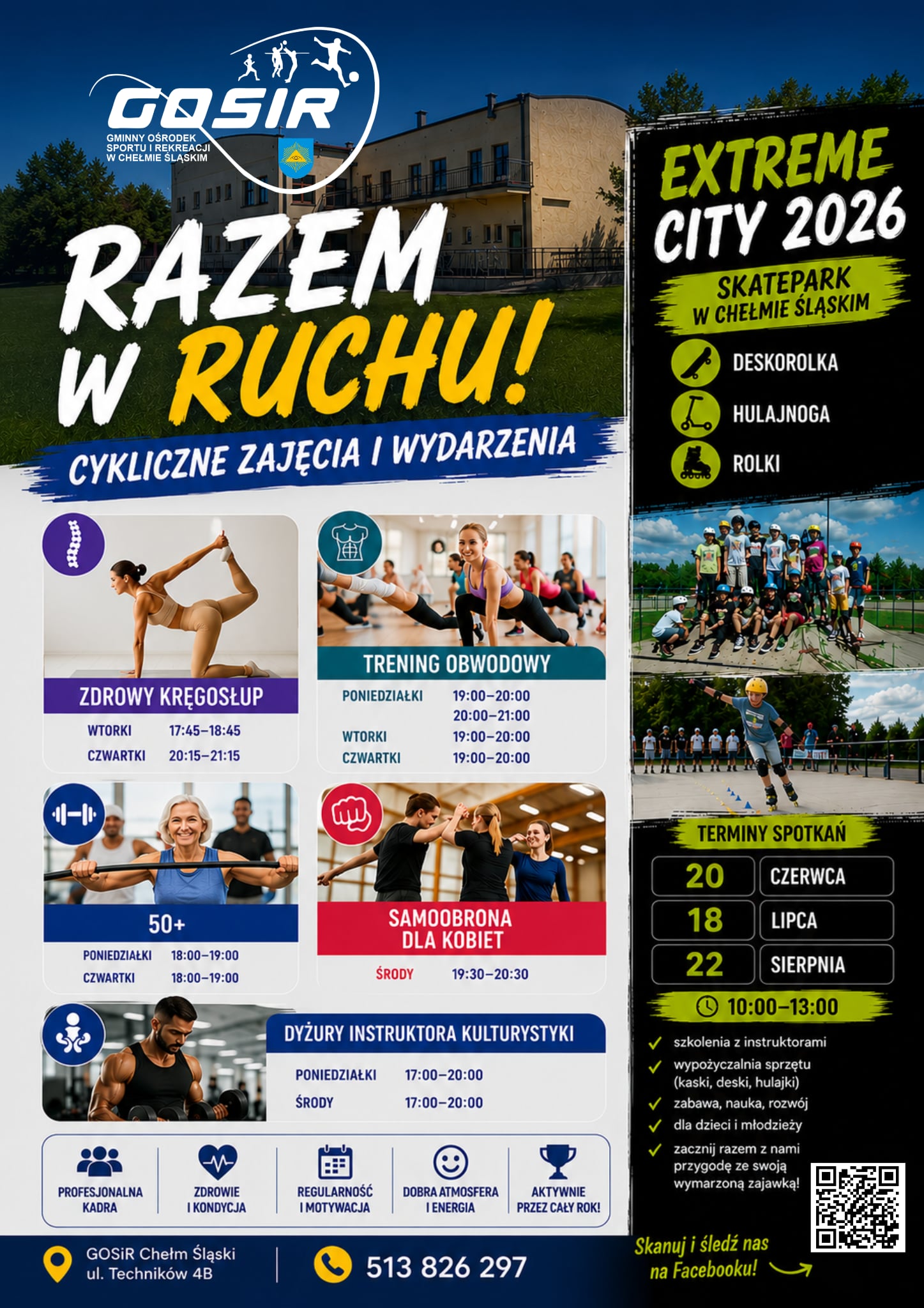 Plakat promujący zajęcia w GOSiR. Informacje są zawarte w poście. Na plakacie zdjęcia z poszczególnych zajęć. 