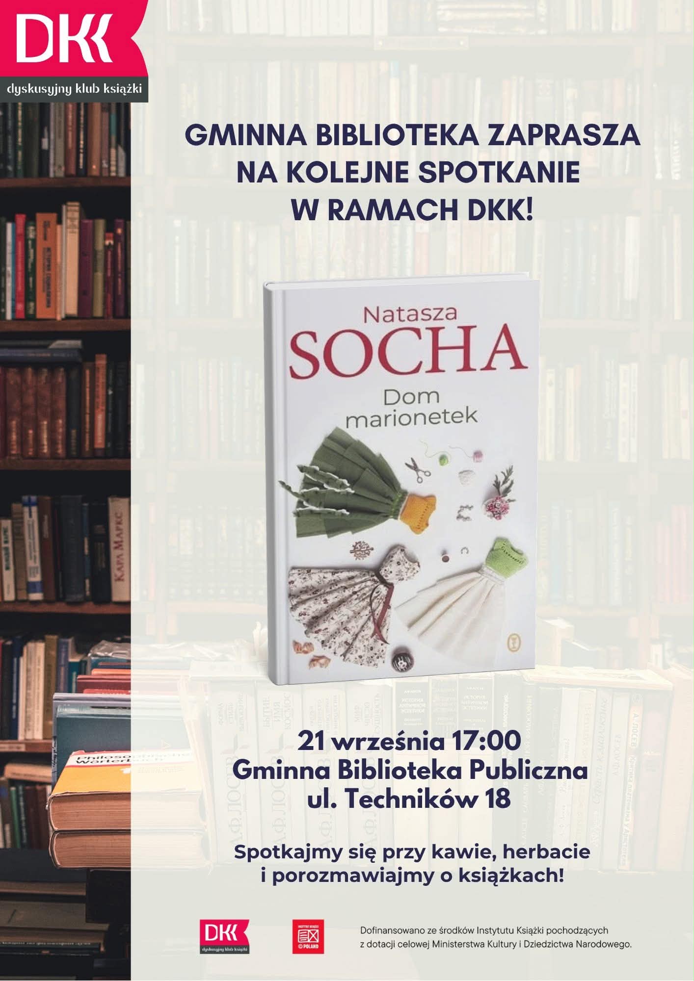 Plakat promujący wydarzenie - na nim książka i regały z książkami 
