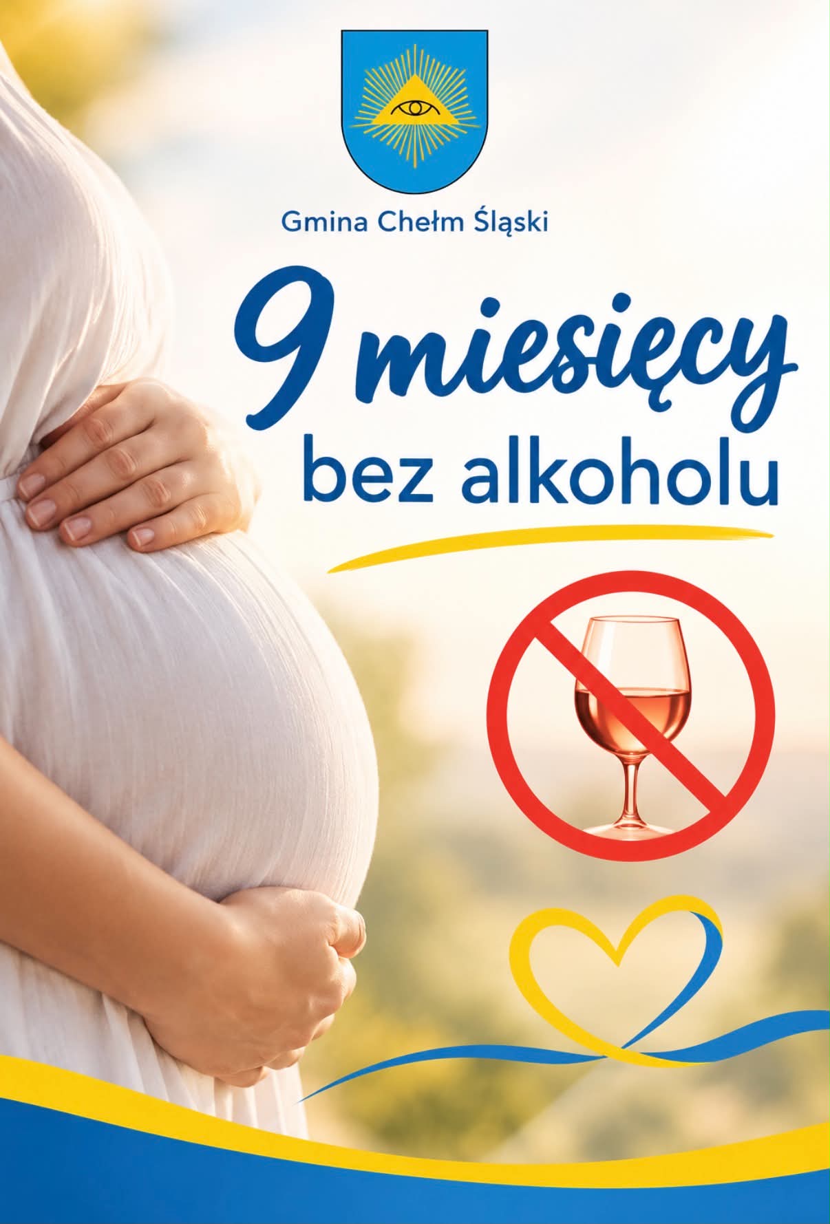 Plakat z ciężarną kobietą i przekreślonym kiliszkiem 
