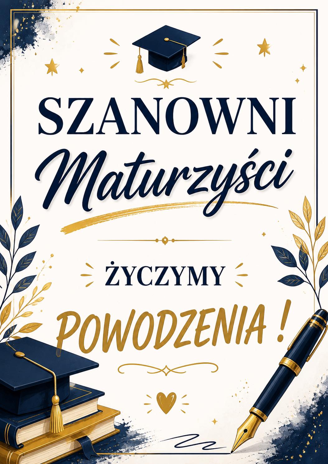 Plakat z napisem Szanowni maturzyści powodzenia. Na rysunku pióro i bireta położona na książkach 