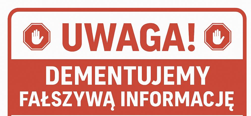 Biało czerwony plakat informujący, że dementujemy fałszywą informację. 
