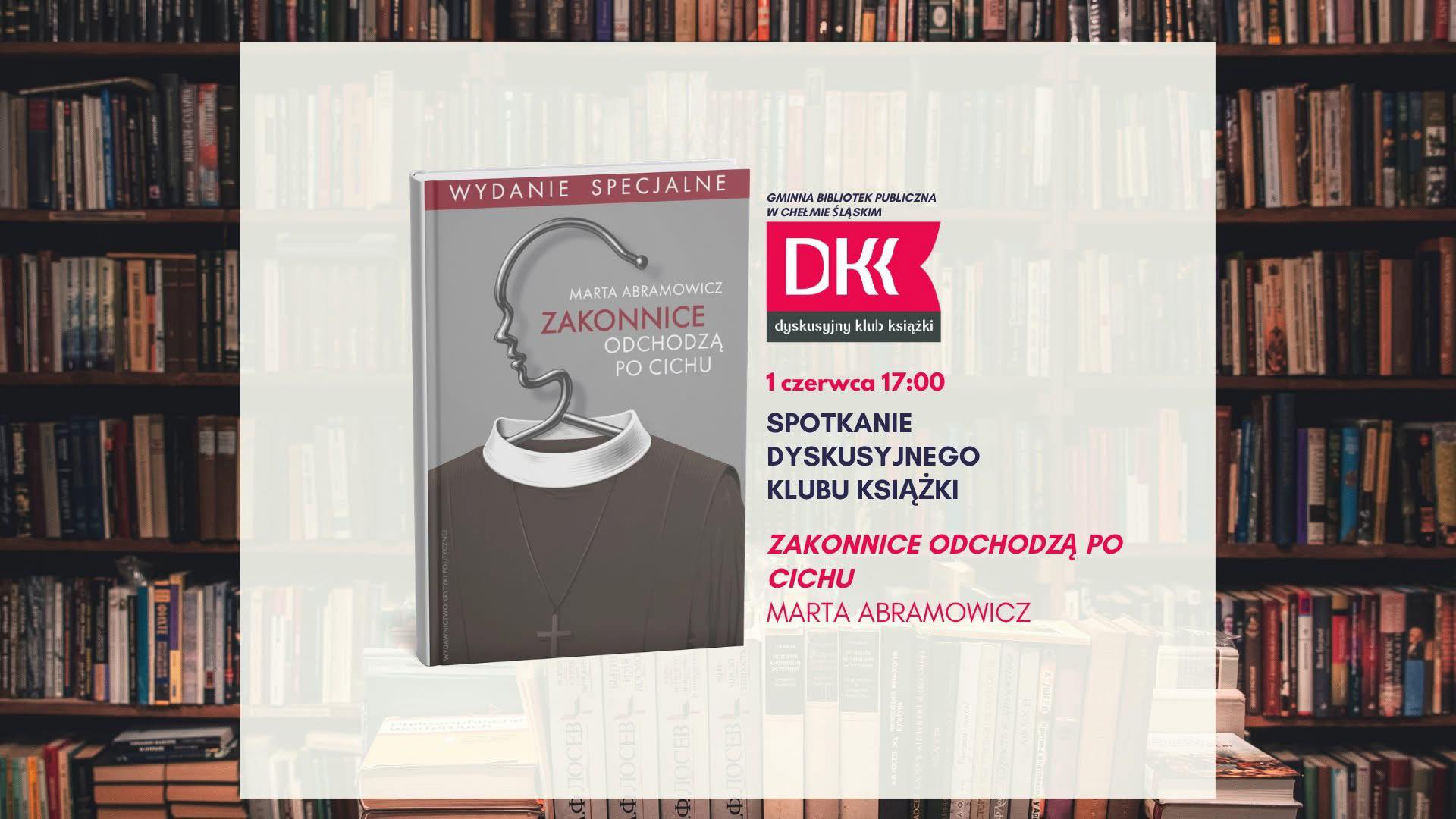DKK - plakat promujacy spotykanie. Na tle regałów z książkami napisy. Opis w poście. 