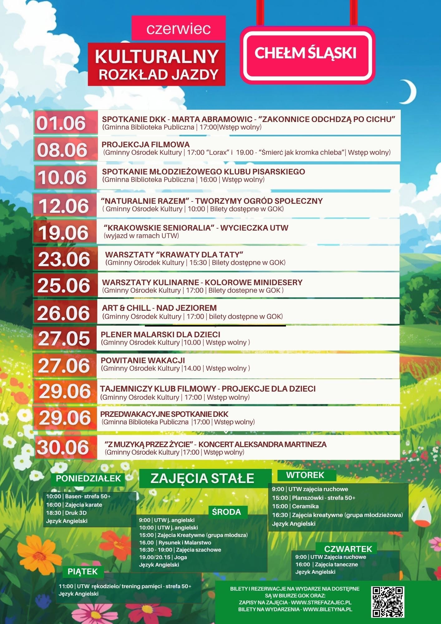 Plakat animacyjny z informacjami - propozycjami atrakcji i zajęć. W tle okwiecona łąka. 