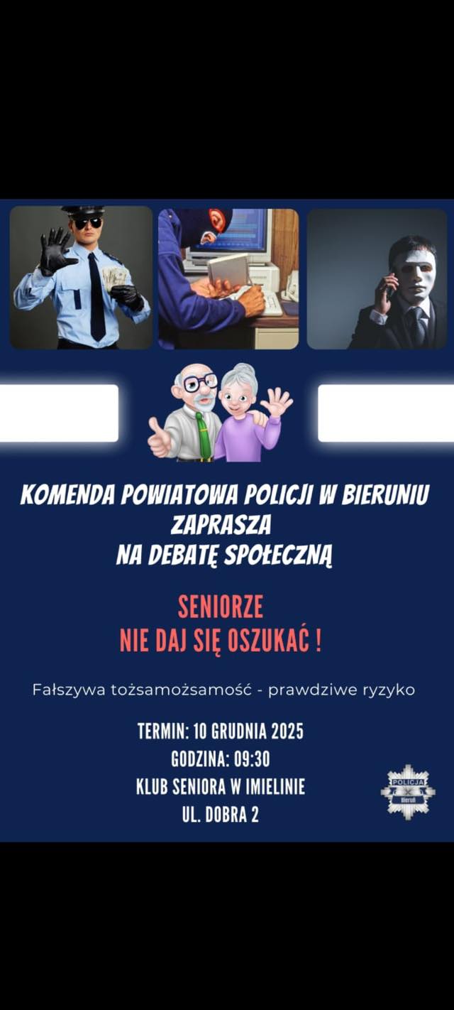 Plakat animacyjny - zdjęcia staruszków, policji i opis pod postem 