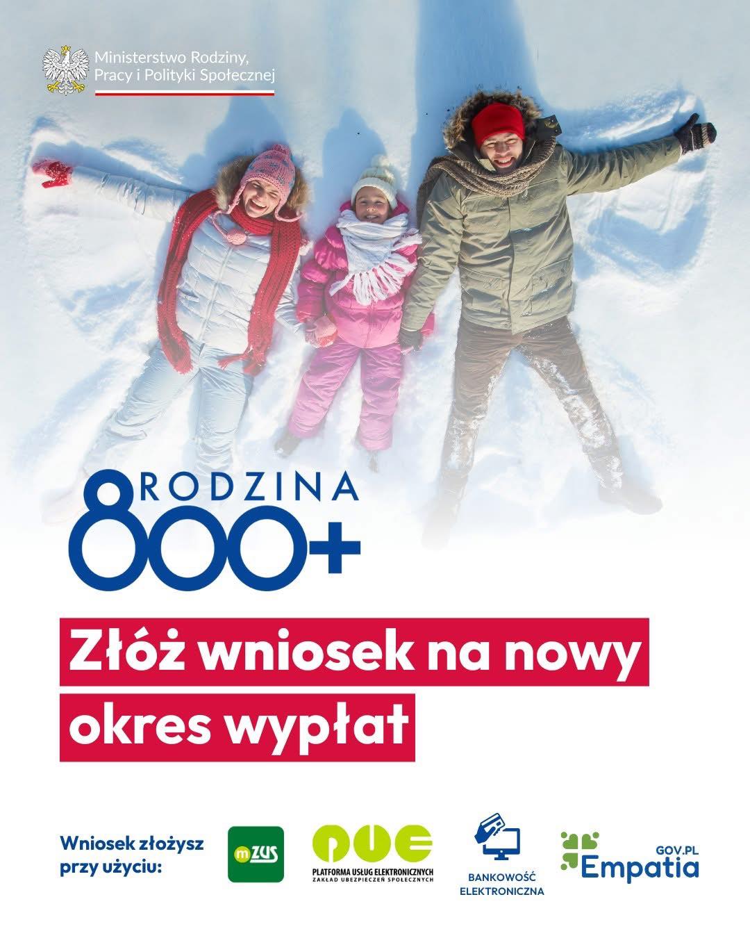 Kobita, mężczyzna i dziecko leżą na śniegu. Plakat informacyjny - 800 plus