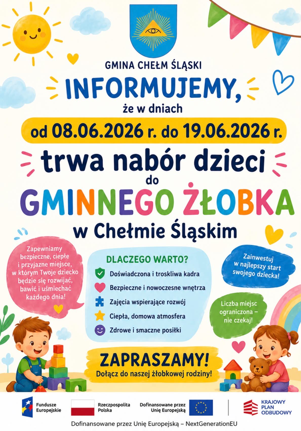 Kolorowy plakat animacyjny, nabór do gminnego żłobka - opis w poście. 