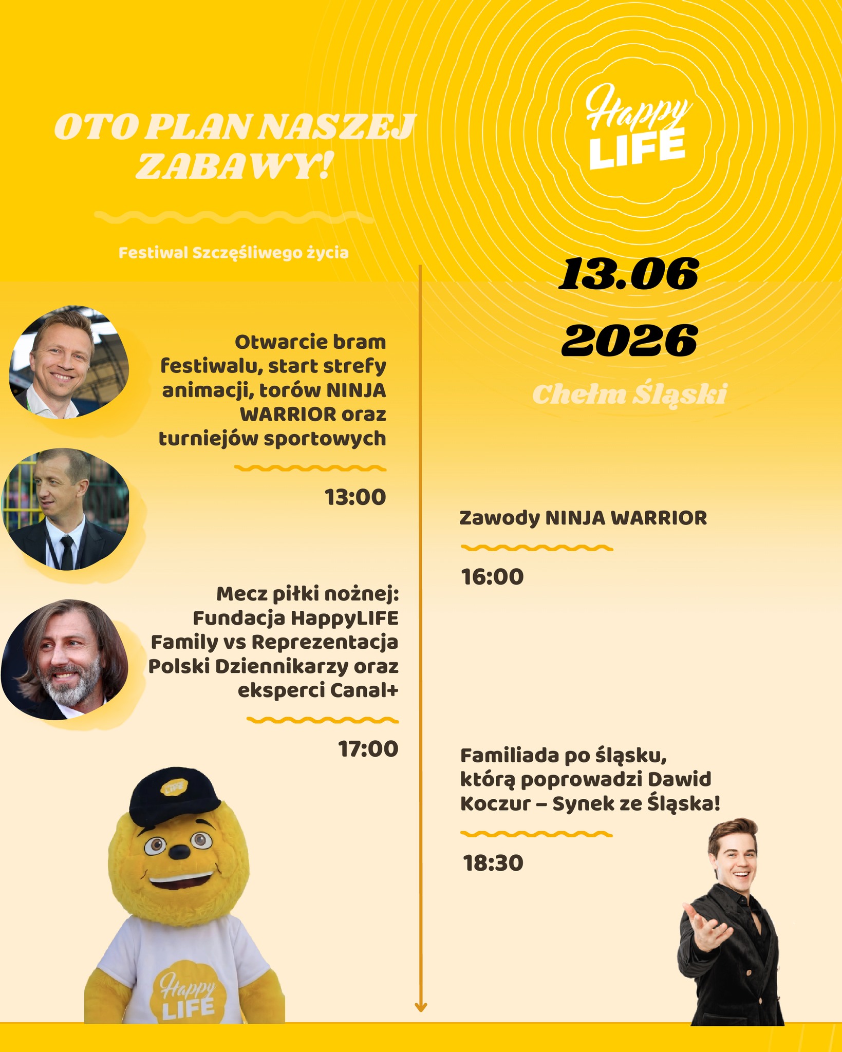 Plakat promujacy wydarzenie. Na zółtym tle opis wydarzeń i zdjęcia gwiazd. 