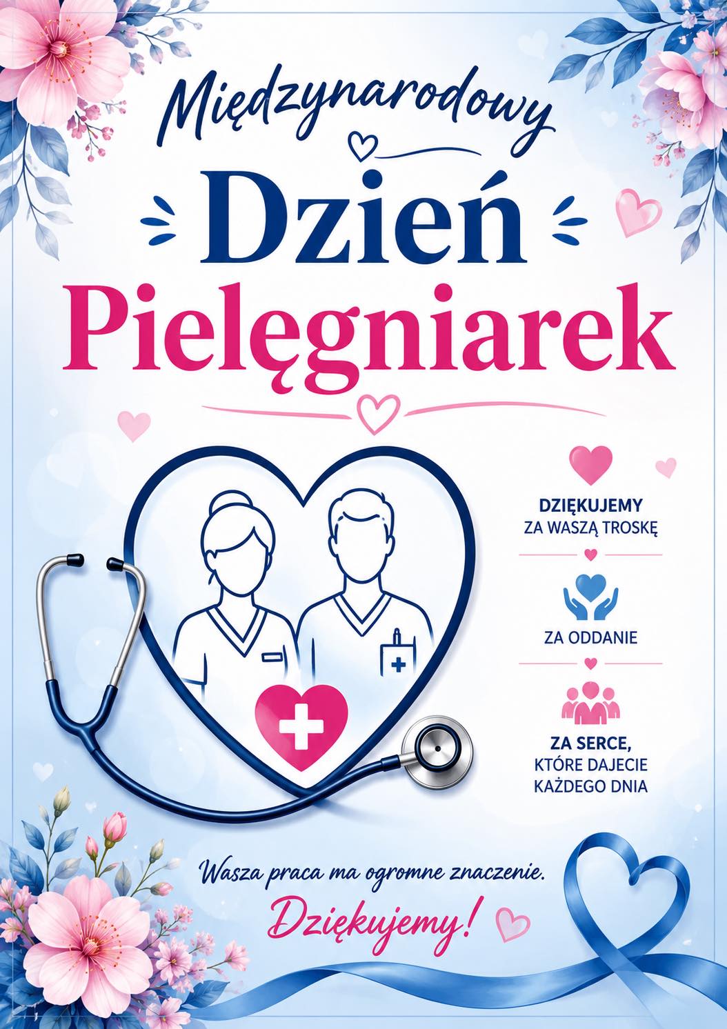 Plakat animacyjny z kwiatami i rysunkiem pielęgniarki i pielęgniarza. Opis w poscie 
