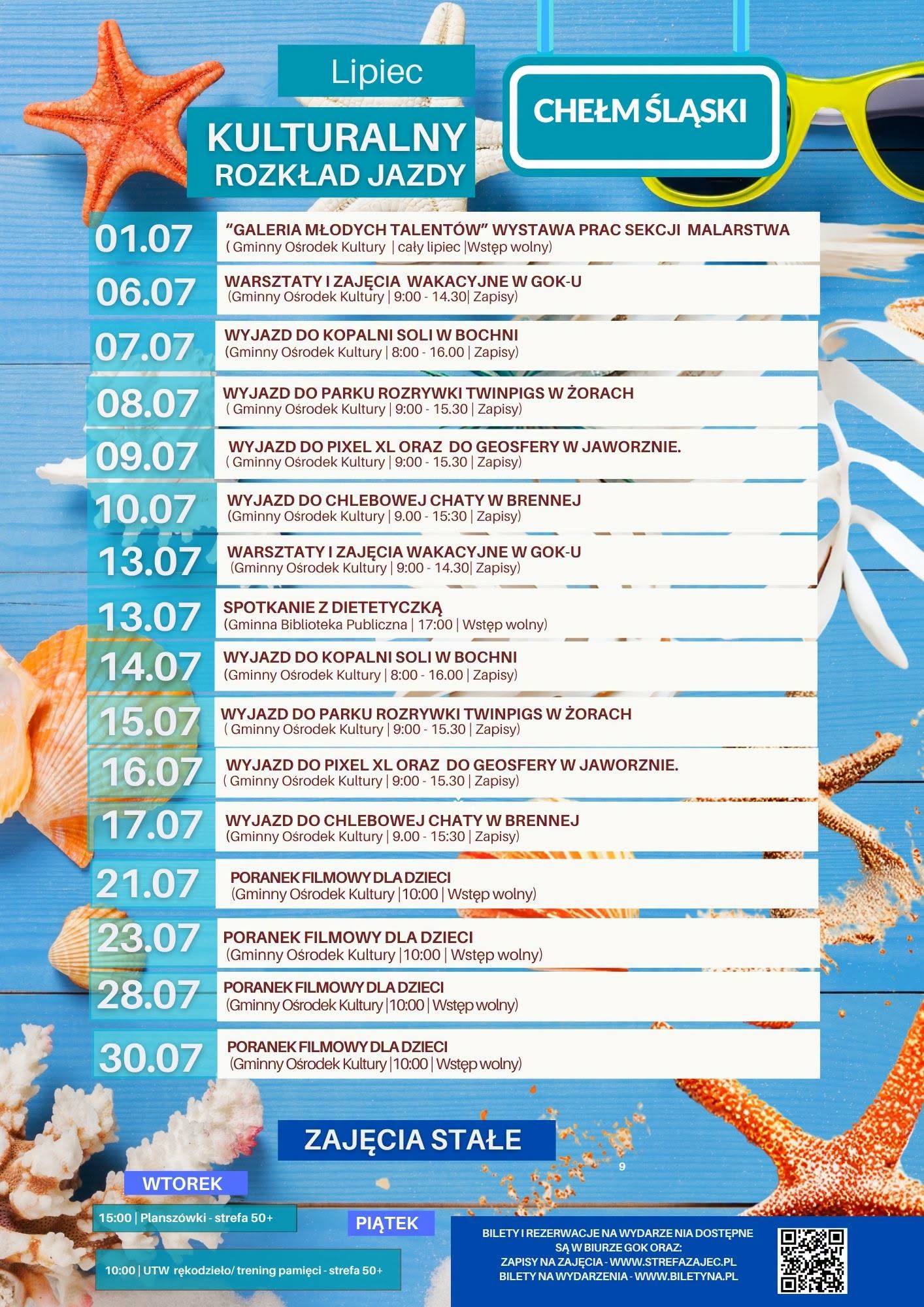 Plakat informacyjny z zajęciami GOK. Na zdjęciu muszle, morze i plaża.