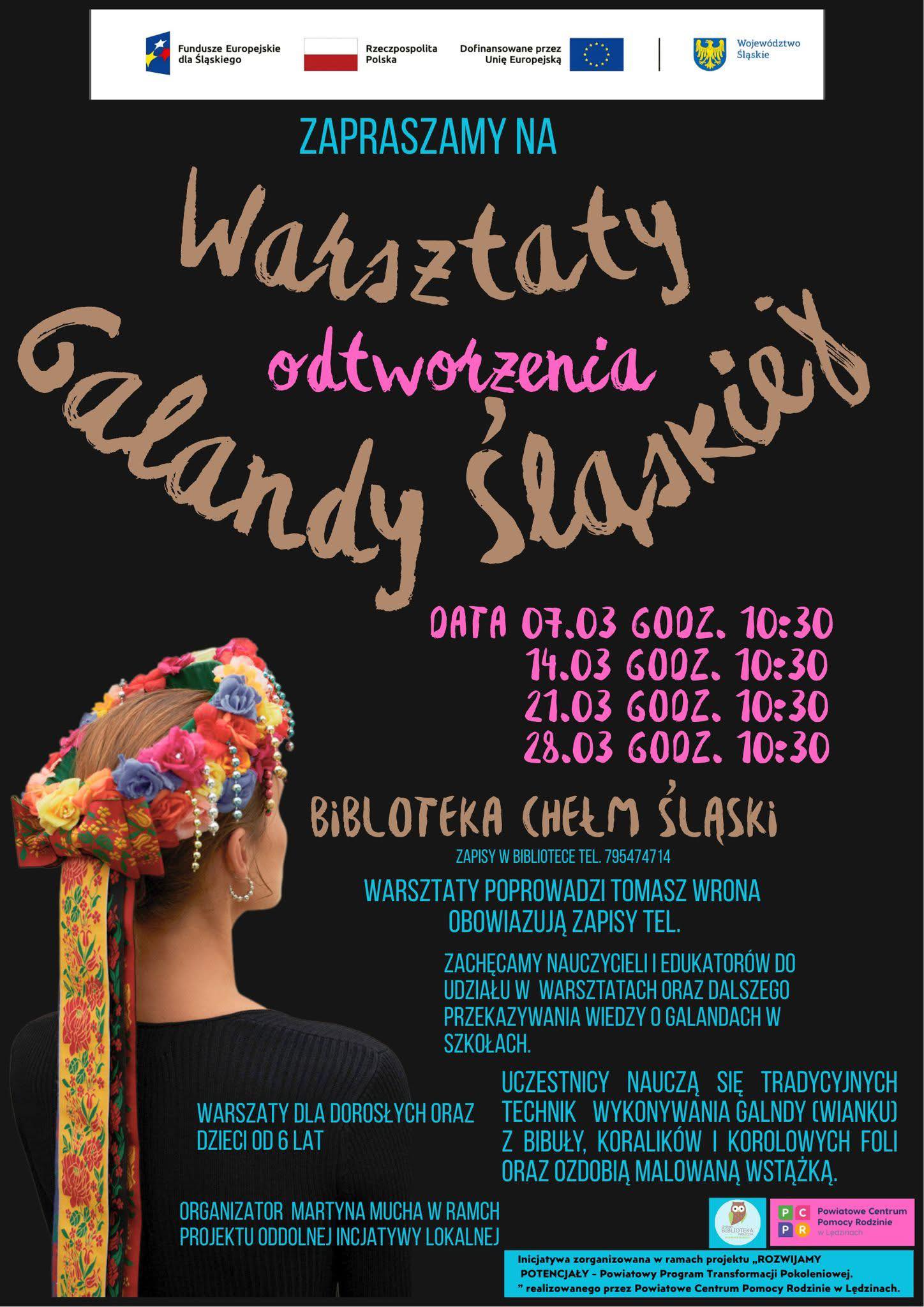 Plakat informacyjny. Na czarnym tle kobieta w galandzie na głowie i opis. 