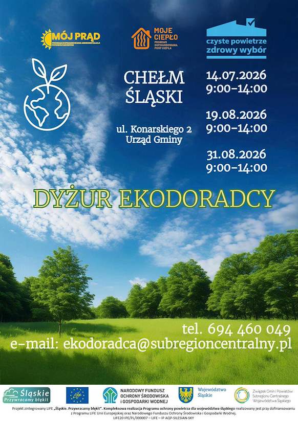 Plakat promujący dyżur Ekodoradcy w lipcu i sierpniu. Na plakacie łąka i błękitne niebo z obłokami. 