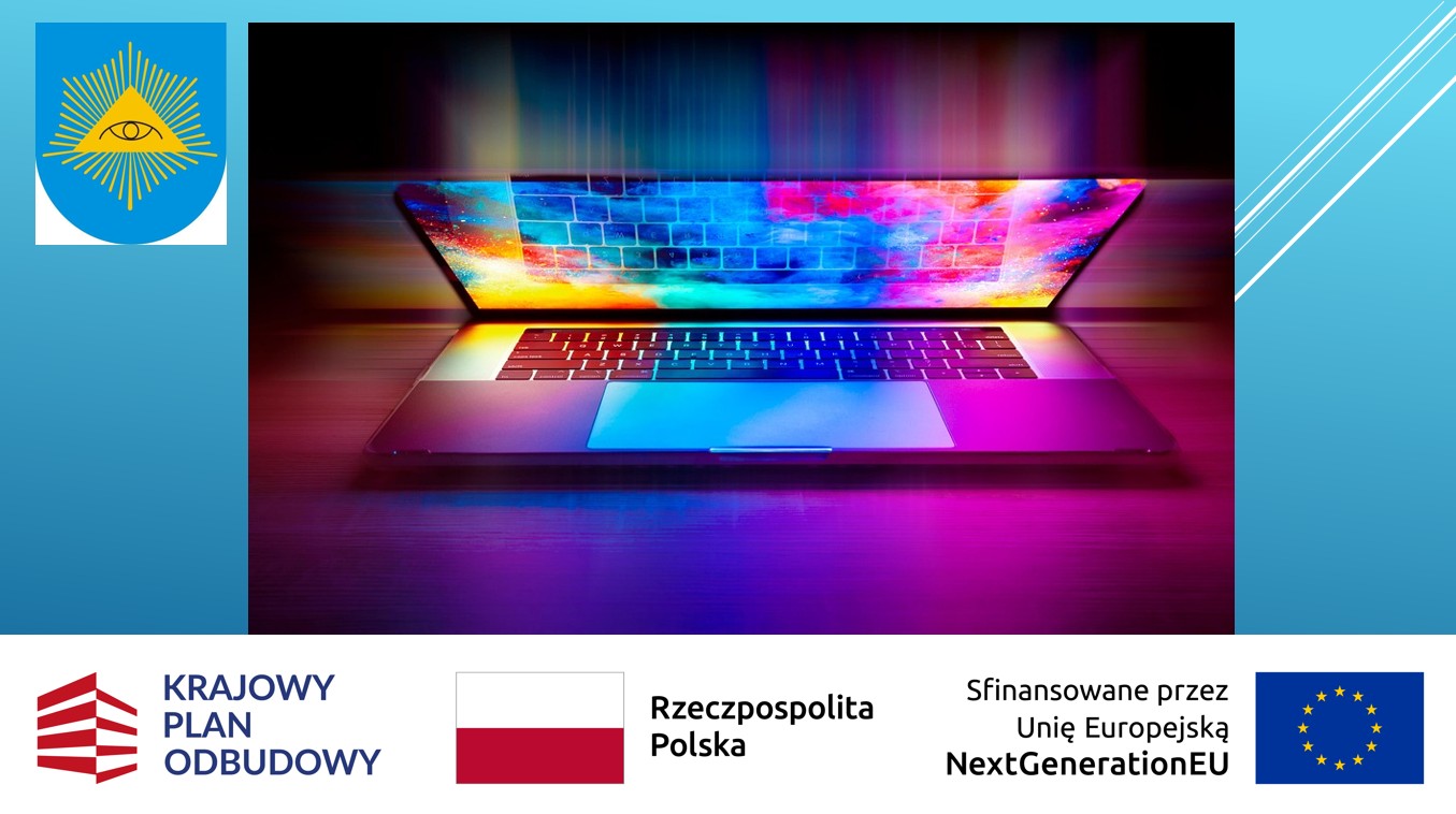 Kolorowy laptop, logotypy unije, herb gminy 
