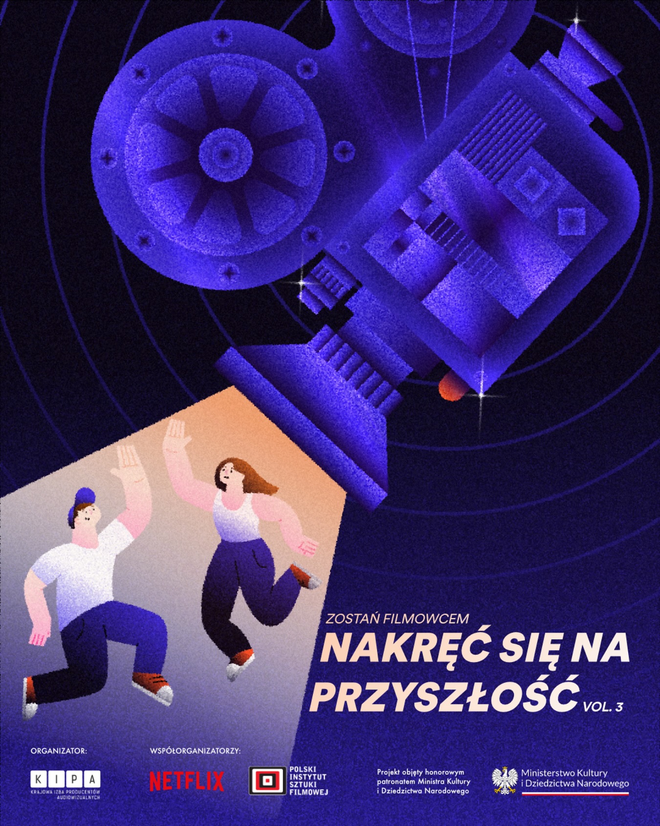 Plakat animacyjny - kamera i para tańcząca w jej świetle. Opis pod plakatem 