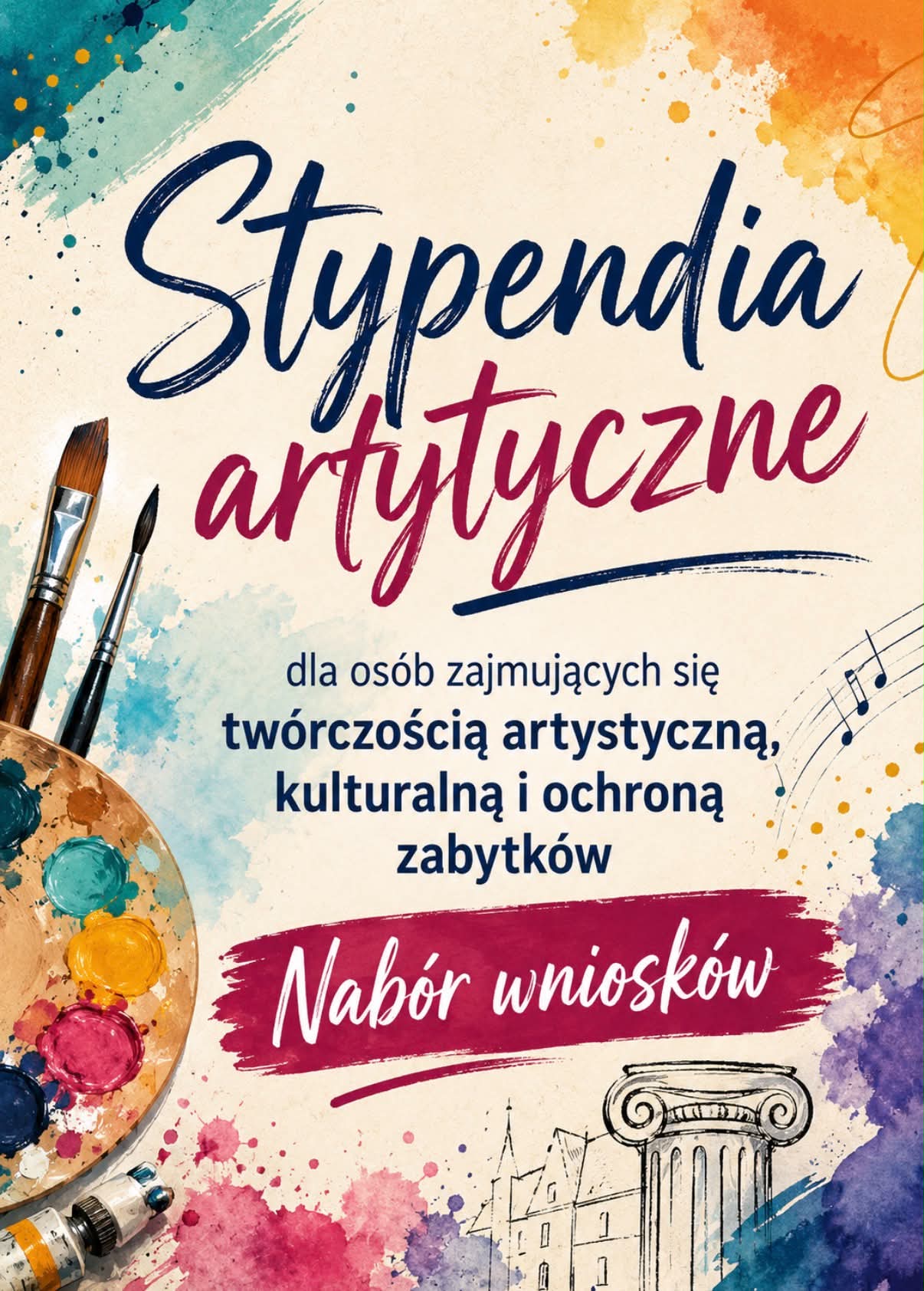Plakat animacyjnyz paletą plastyczną, kolumną i napisami. Opis w poście. Plakat promuje nabór stypendiów artystycznych 