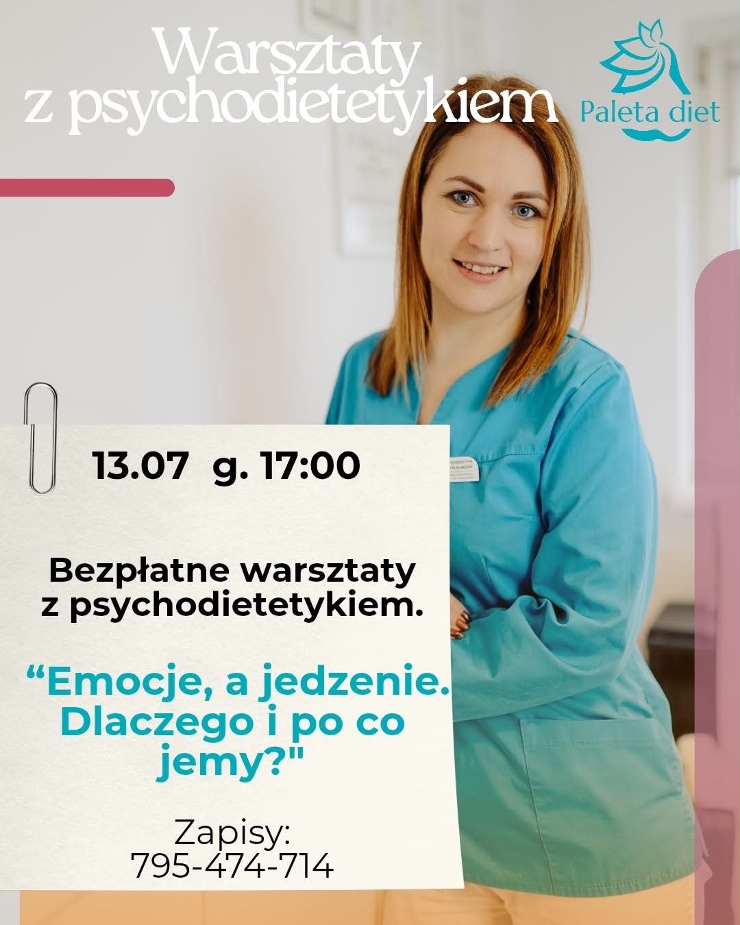 Plakat promujący wydarzenie. Na plakacie usmiechnięta kobieta i opis wydarzenia. 