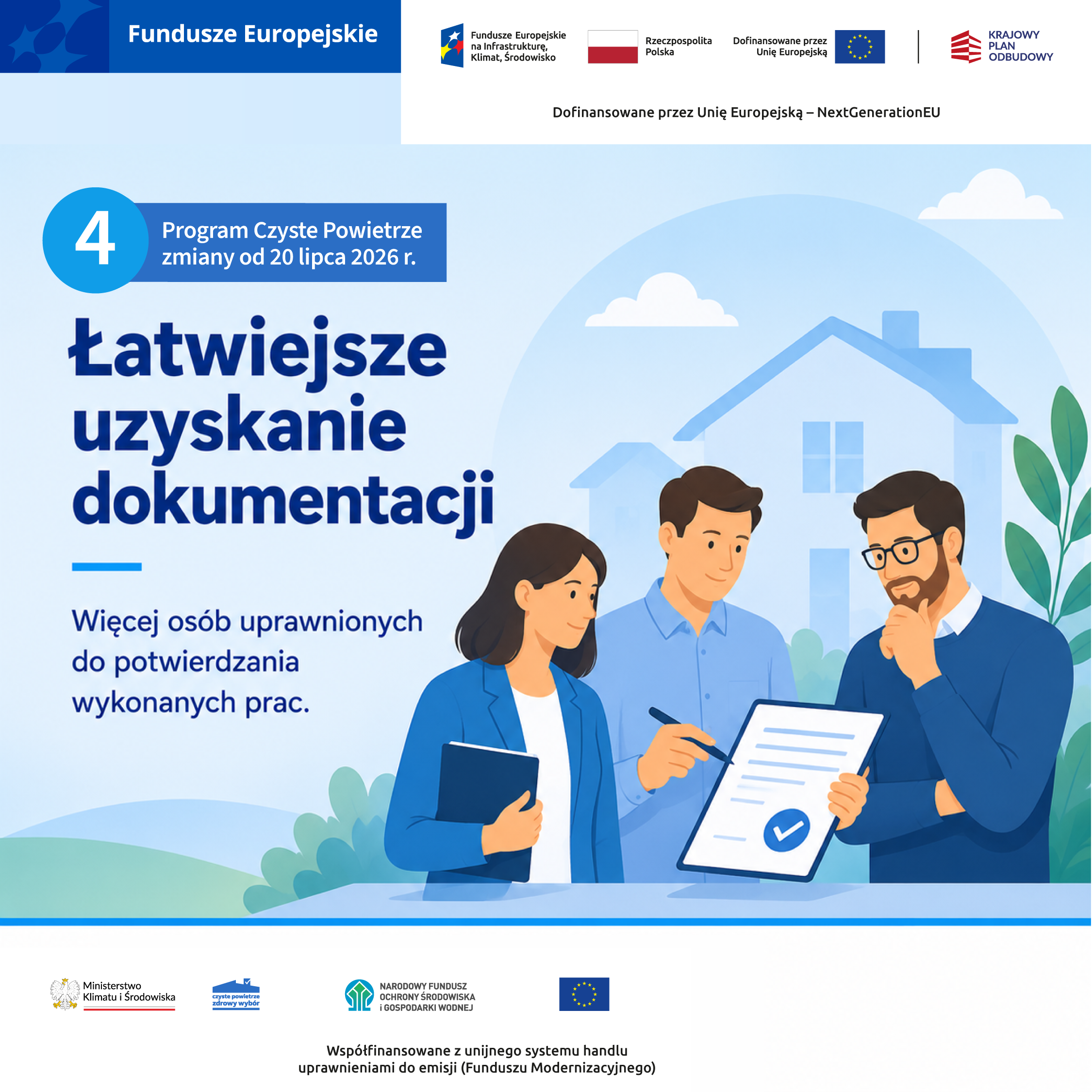Kolorowy plakat animacyjny z domkiem i trójką ludzi - opis w poście 