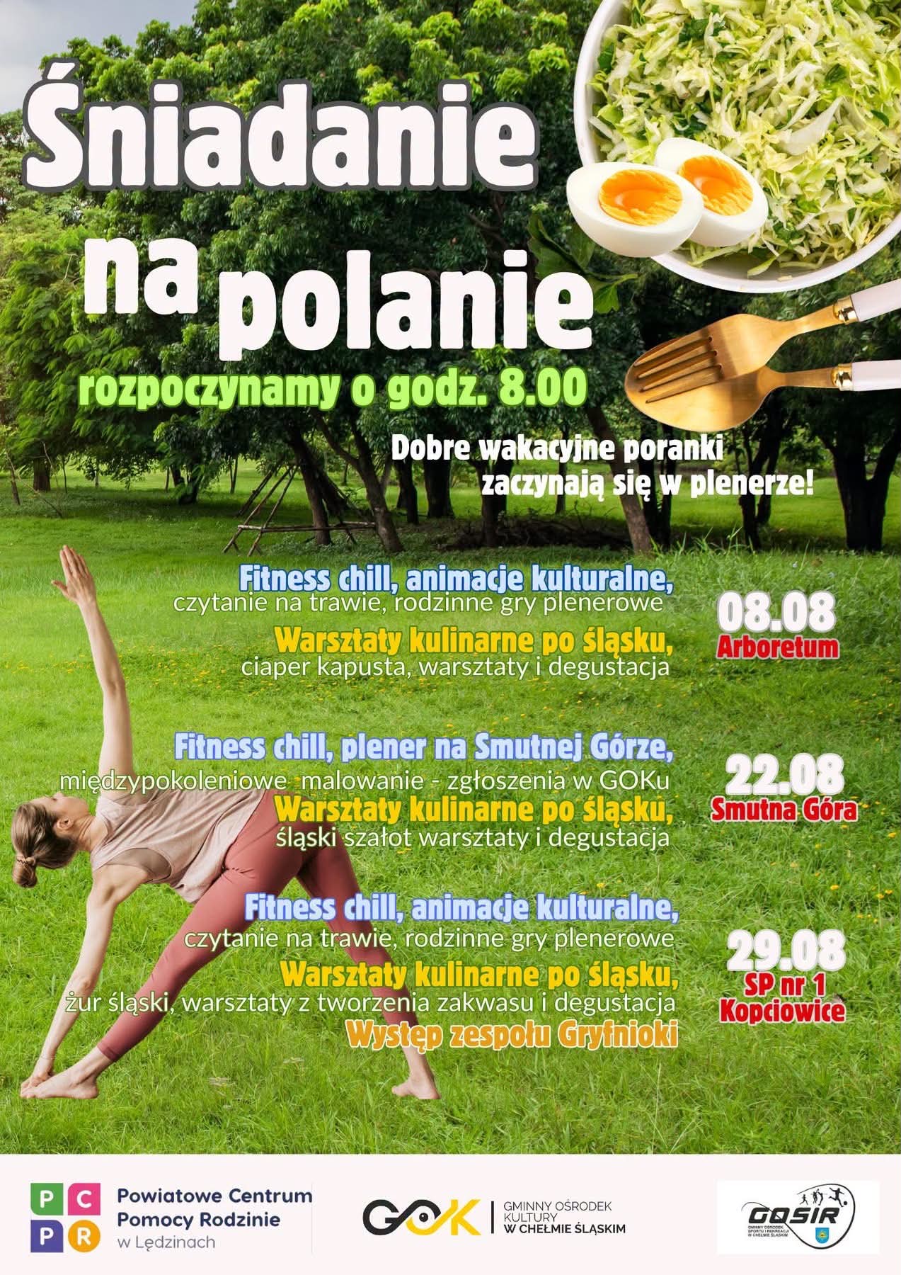 Plakat promujacy wydarzenie a na nim opis, zdjęcie łąki z drzewami i ćwicząca osoba 