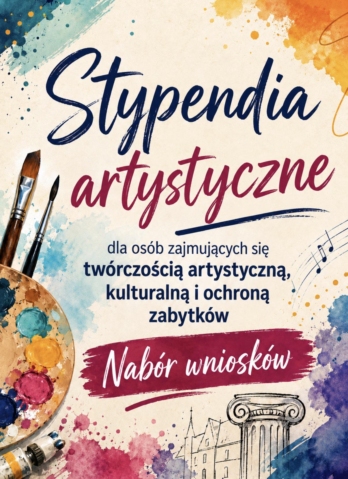 Plakat animacyjnyz paletą plastyczną, kolumną i napisami. Opis w poście. Plakat promuje nabór stypendiów artystycznych 