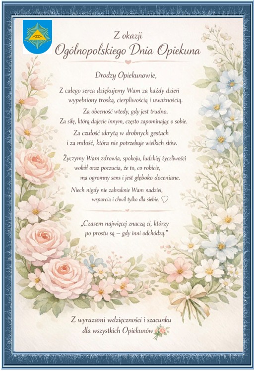 Życzenia - treść w tekście na tle pastelowych kwiatów. W lewym górnym rogu herb gminy. 