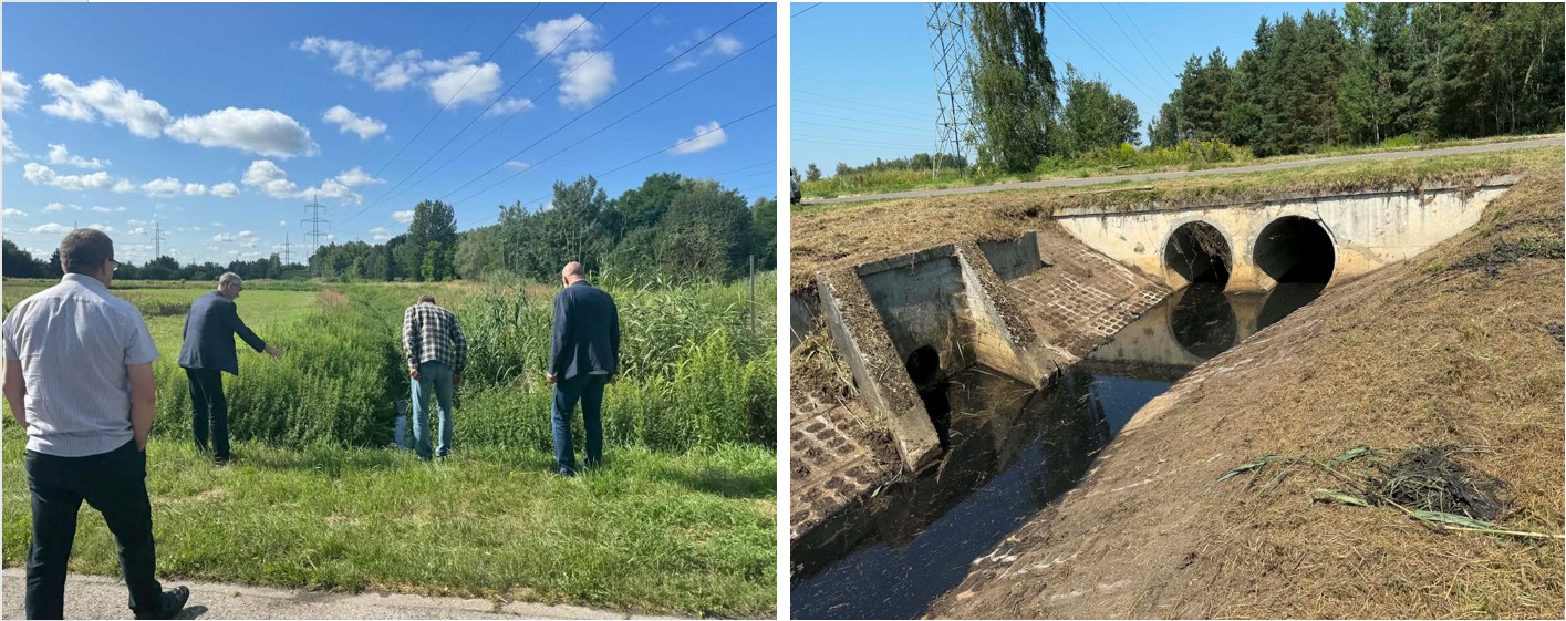 Dwa zdjęcia prezentujące naprawę rowu melioracyjnego. Na zdjęciu mężczyźni oglądający teren