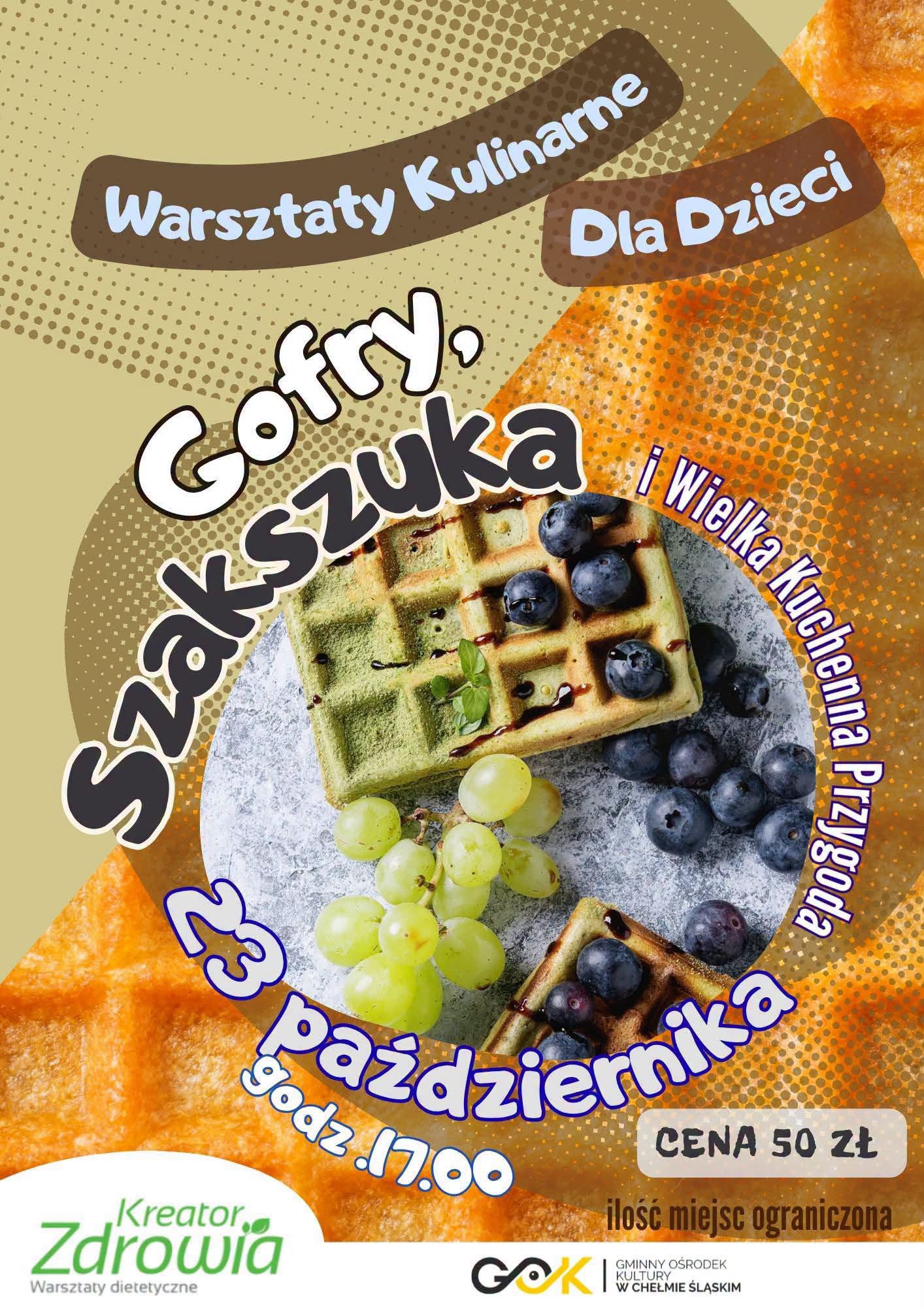 Plakat promujący wydarzenie. Na rysunku gofry i owoce. Opis w poście. 