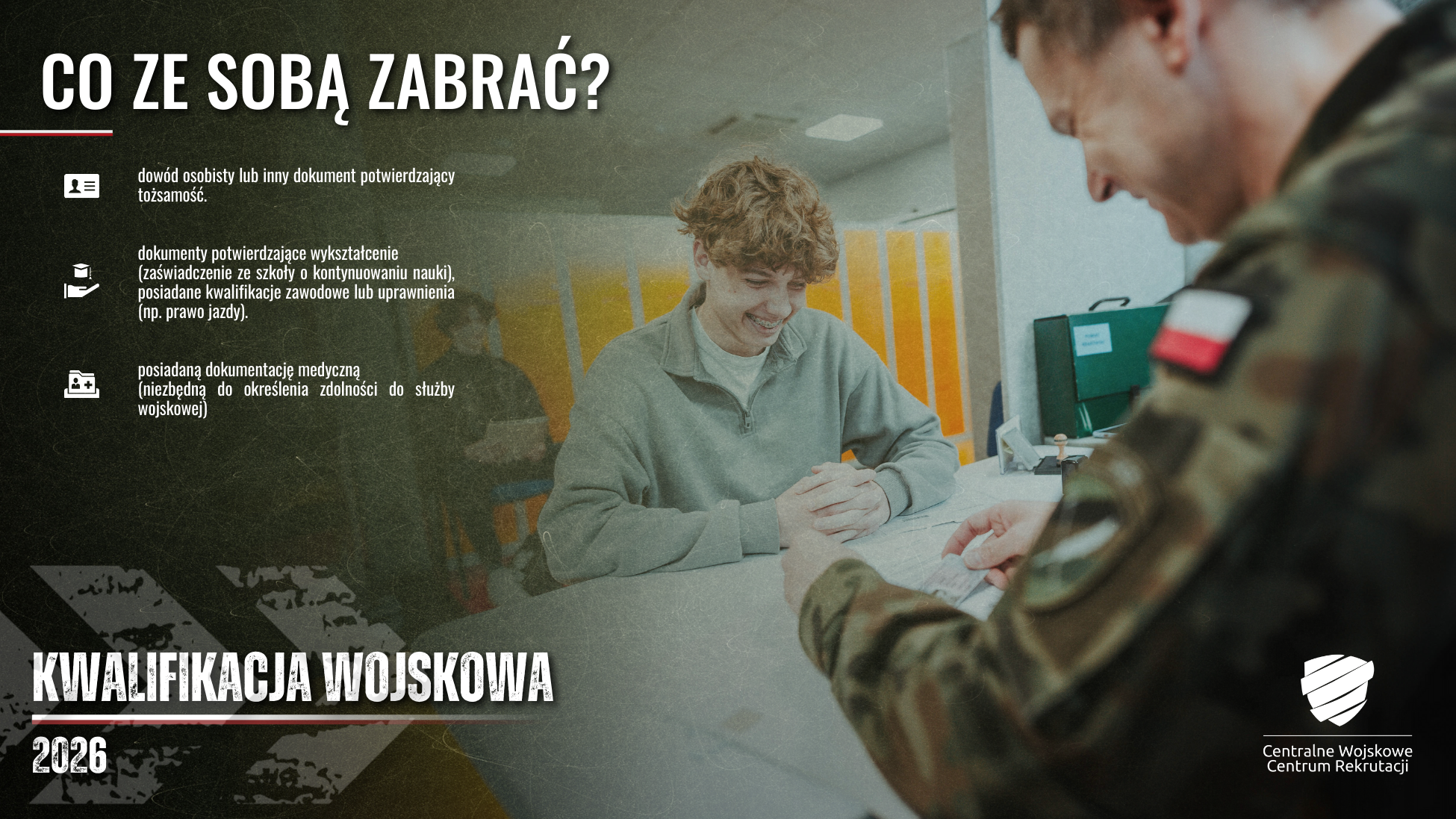 Plakat informacyjny ze zdjęciem żołnierza i młodego chłopaka. Opis w poście 