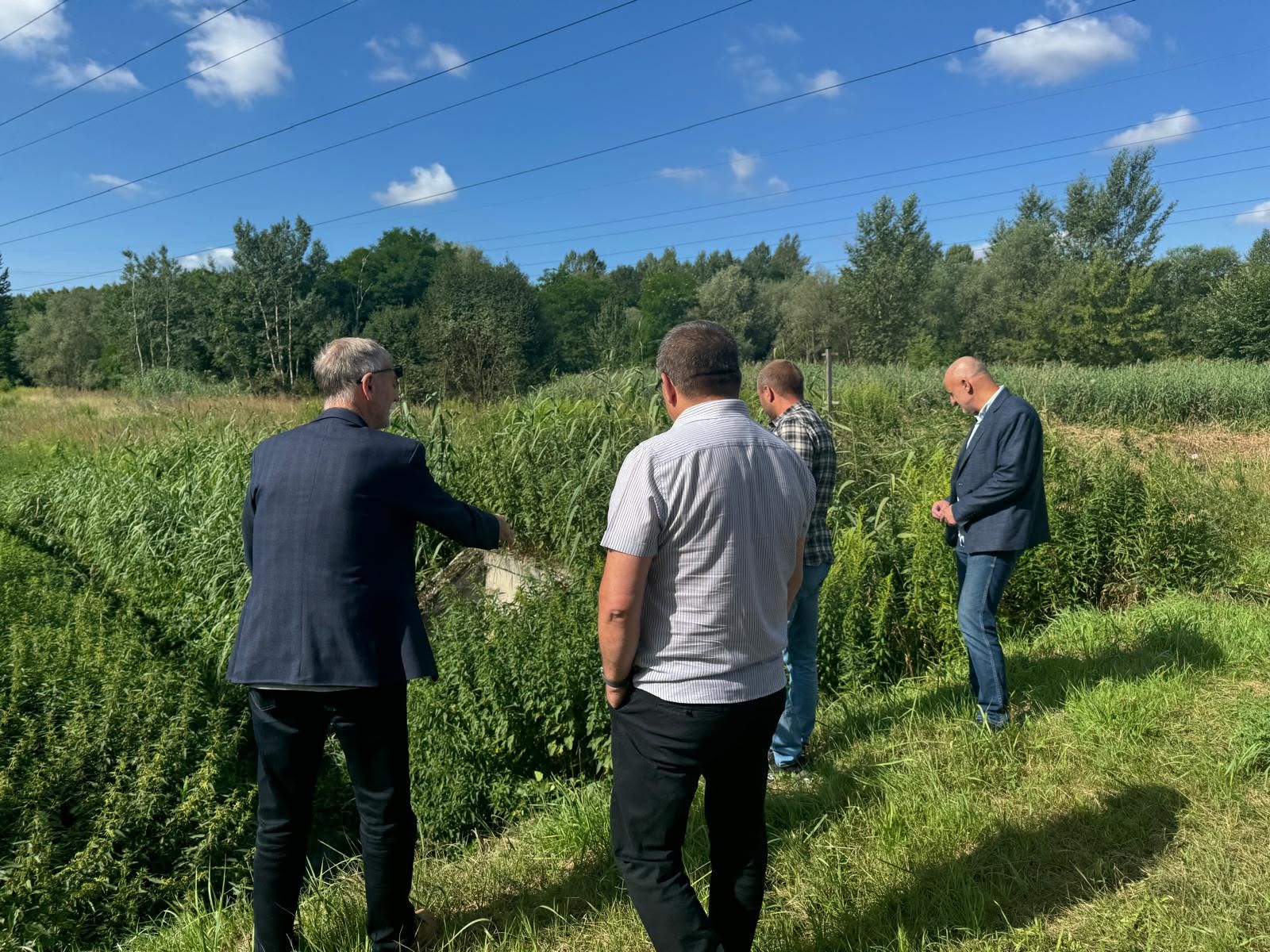 Czterej mężczyźni w terenie, na łące, przy cieku wodnym 