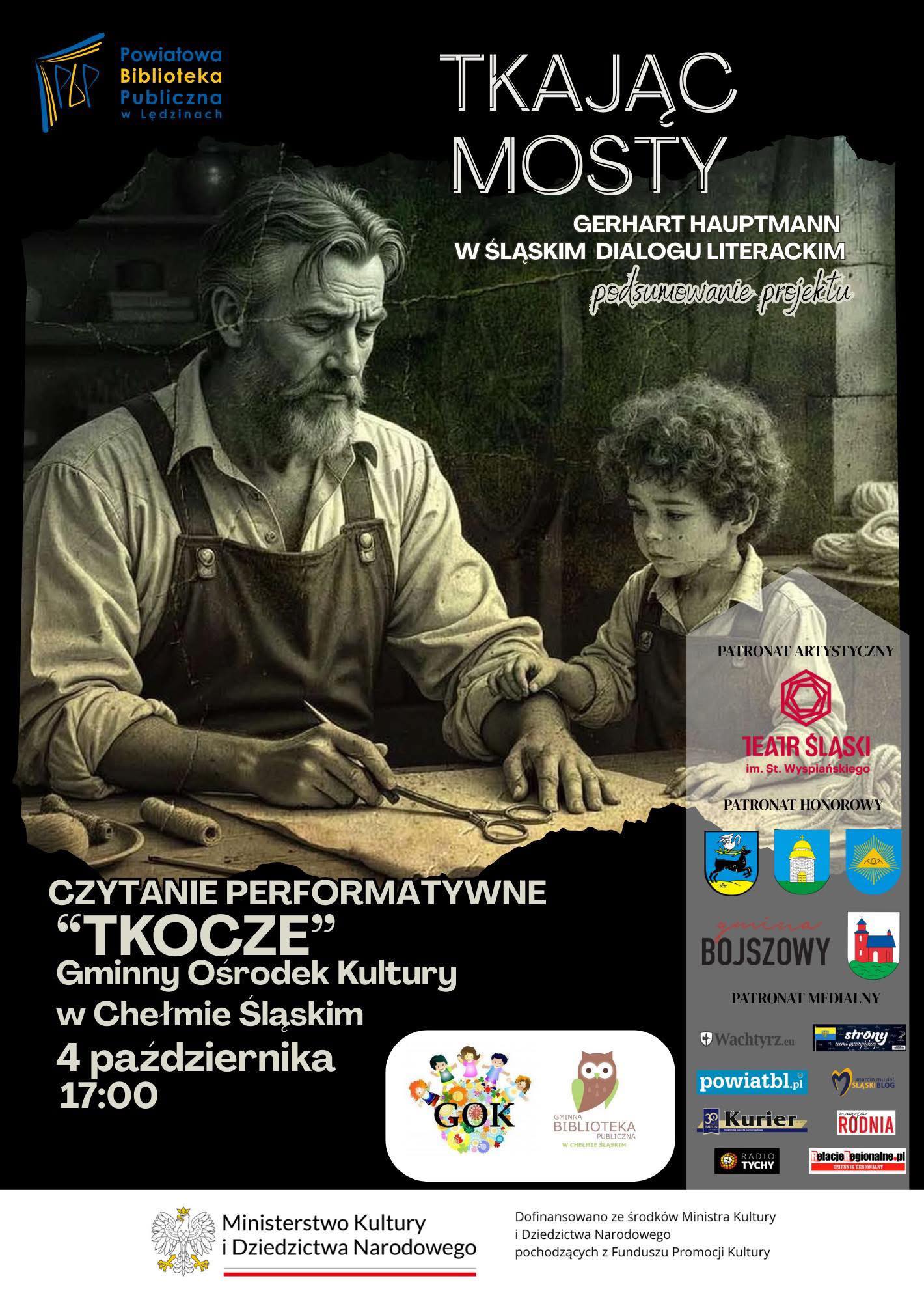 Plakat promujący wydarzenie. Na rysunku starszy mężczyzna z dzieckiem w zakładzie tkackim 