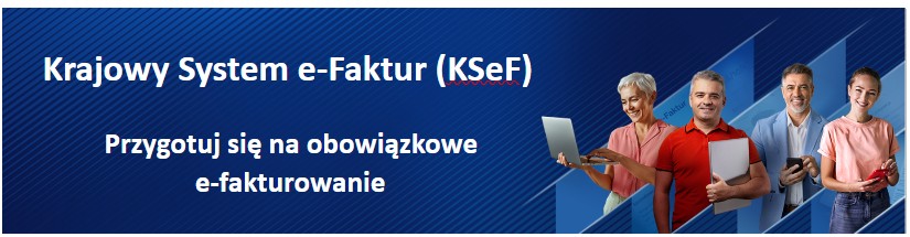 Cztery osoby promujące KSeF w rękach trzymają tablety, komputery, telefony 