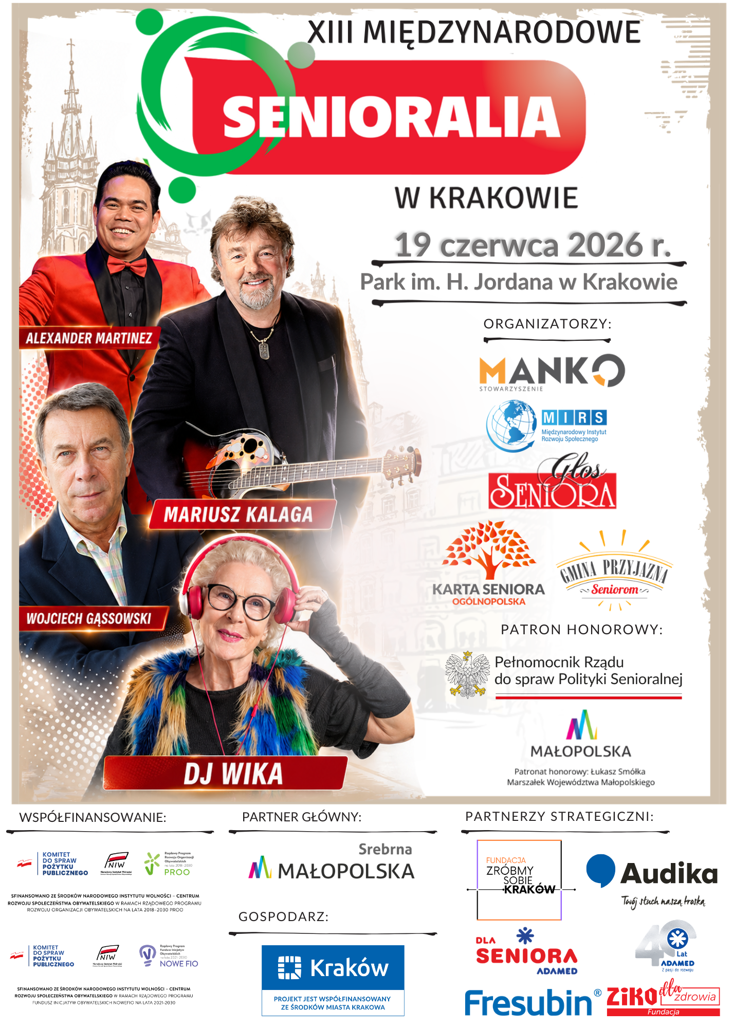 Plakat promujacy wydarzenie. Na rysunku twarze gwiazd i opis