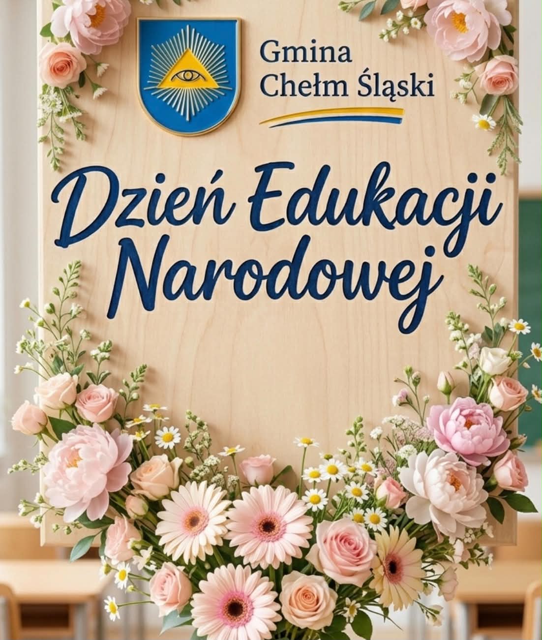 Plakat promujący Dzień Edukacji Narodowej - napis i kwiaty na górze herb gminy 