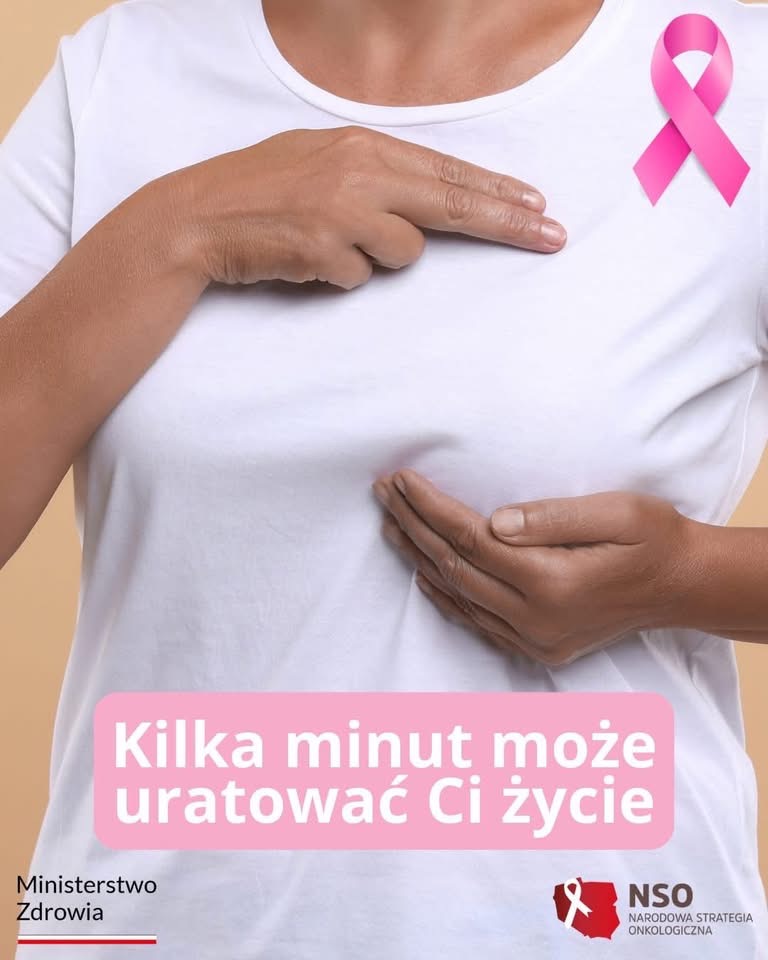Plakat promujący badania raka piersi - kobieta wskazująca swoją pierś 