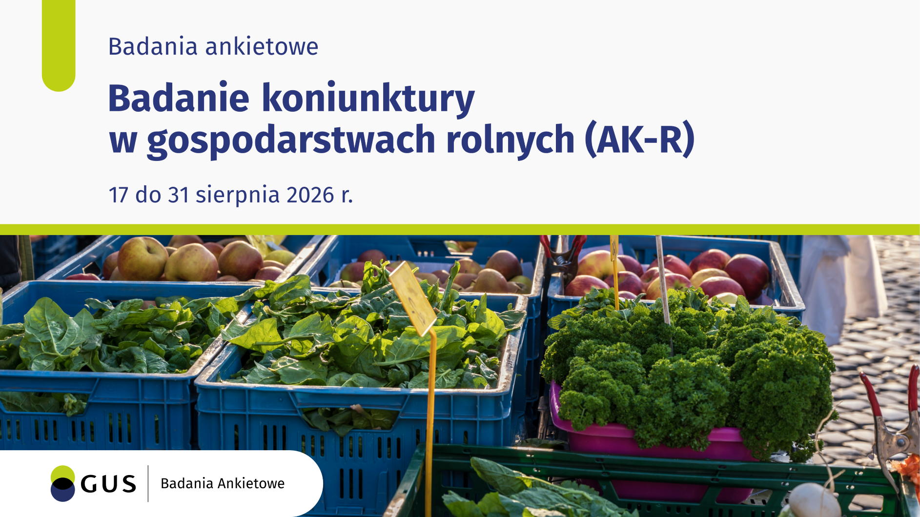 Plakat z informacją i zdjęciem koszów z warzywami i owocami.