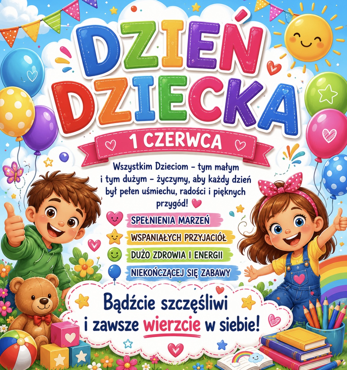 Kolorowy plakat animacyjny z życzeniami dla dzieci 