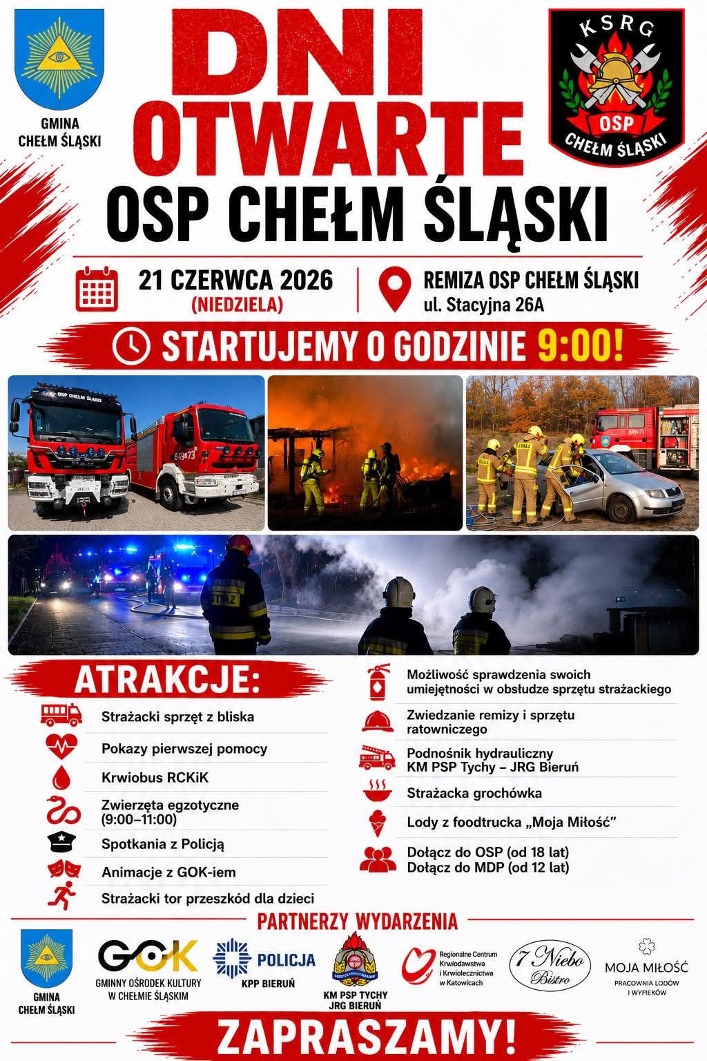 Plkat promujący wydarzenie. Na zdjęciu akcje strażackie wraz z opisem atrakcji. Szczegółowy opis w poście. 