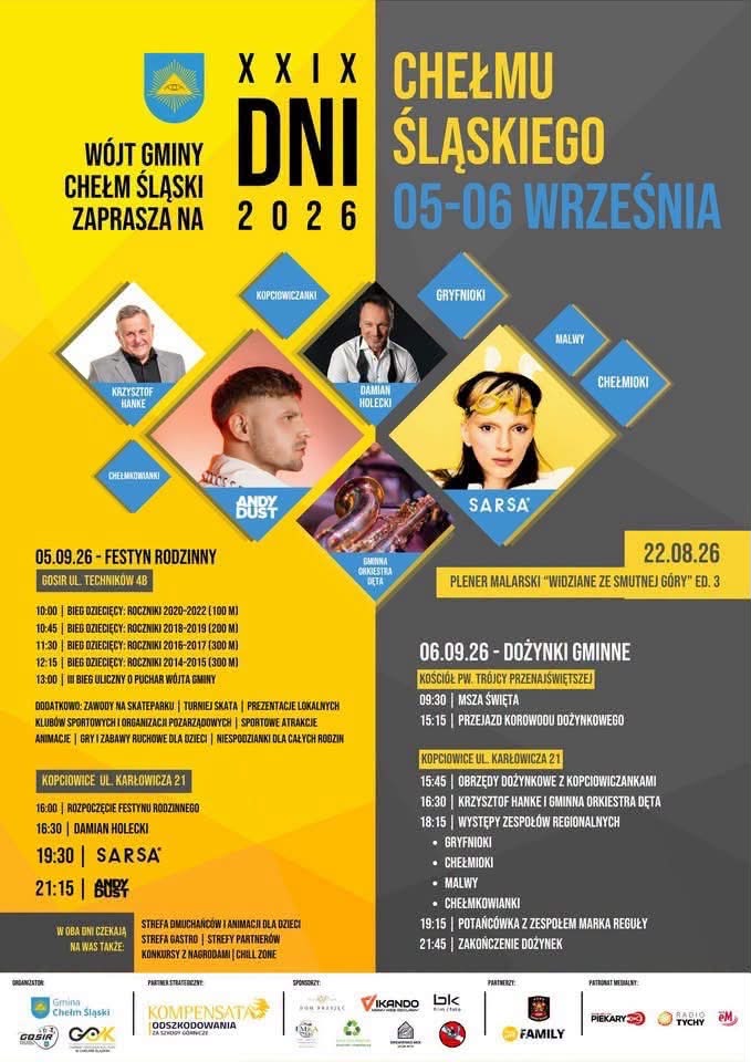 Kolorowy plakat promujący Dni Chełmu Śląskiego. Na nim informacje zawarte w poście 