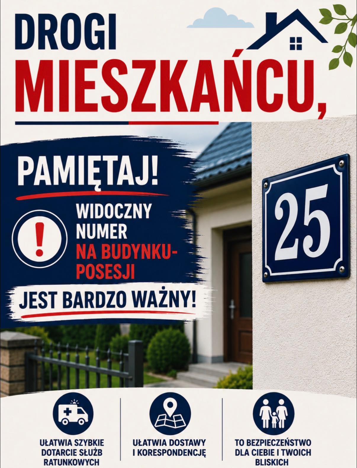 Plakat informujacy - na rysunku opis i fragment budynku mieszkalengo. Opis w poście. 